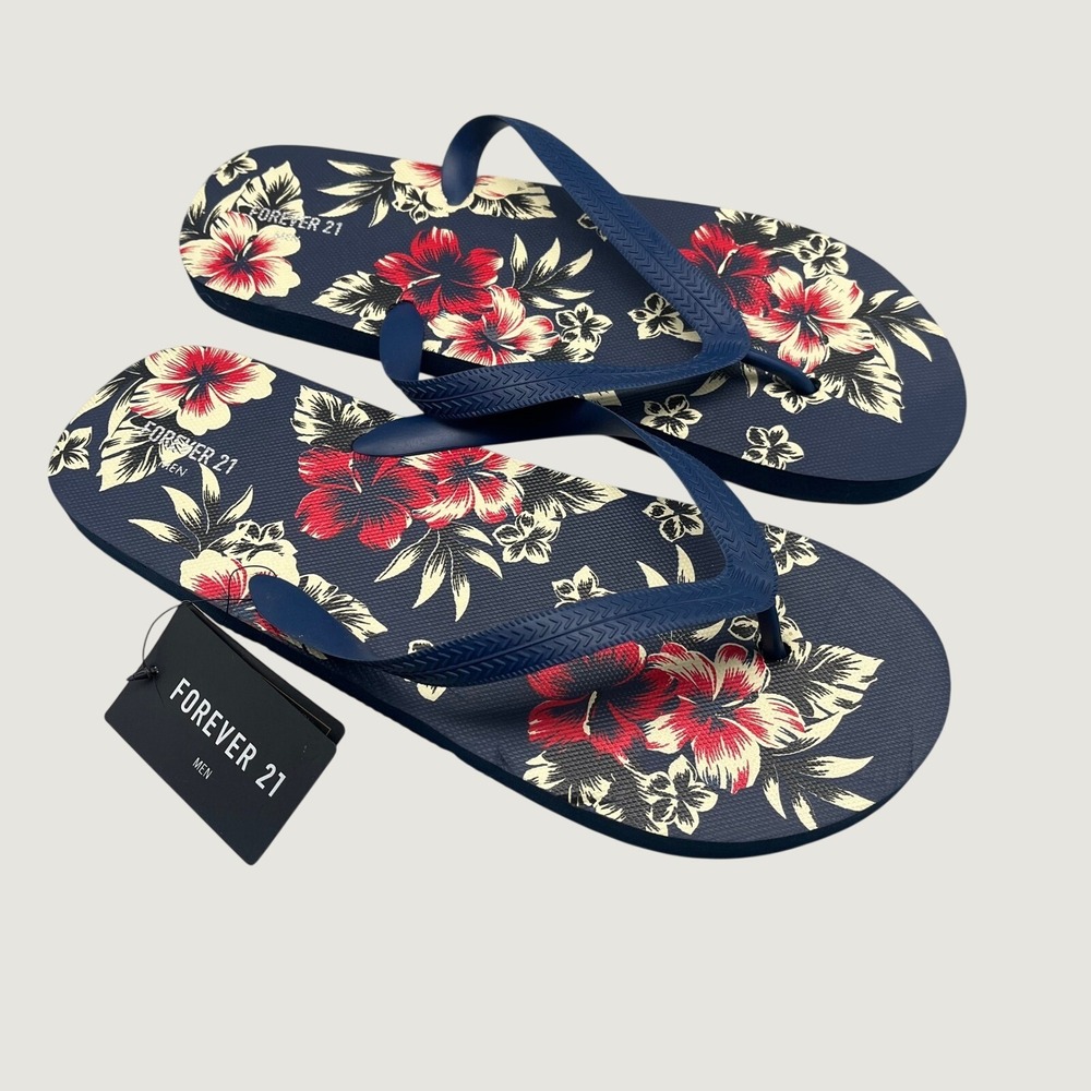 NWT Forever 21 Flip Flops Men's Large 45/46 Navy Blue Tropical Floral Hibiscus